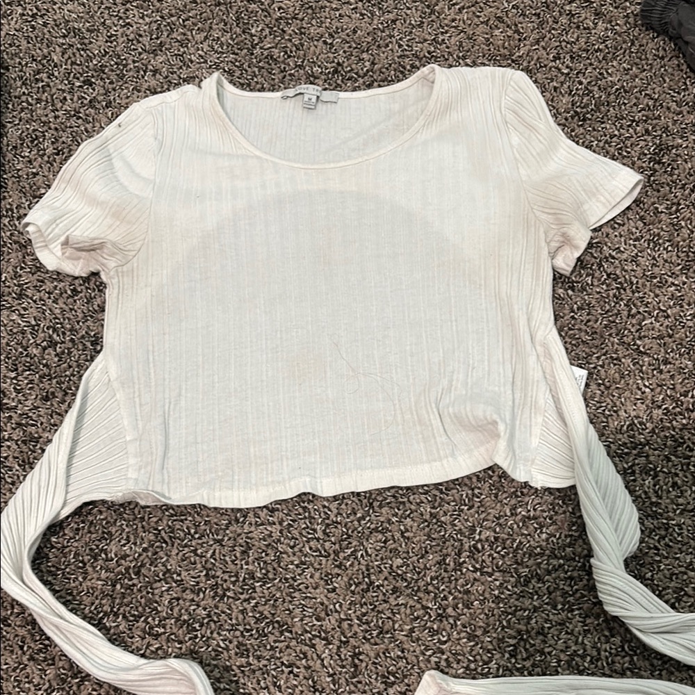 White Ribbed Crop Tie Front T-Shirt